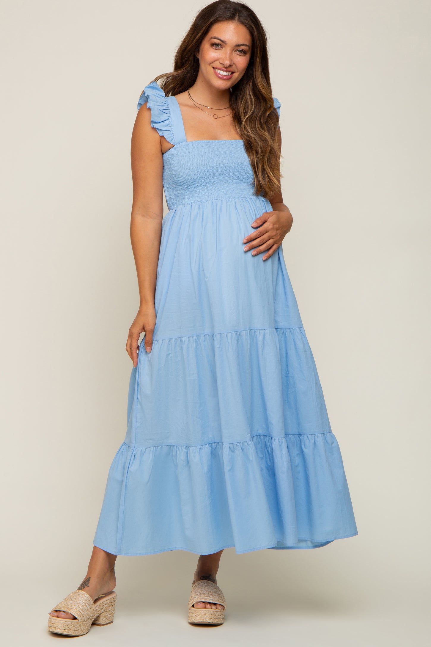 Light Blue Sleeveless Tiered Maternity Maxi Dress