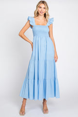 Light Blue Sleeveless Tiered Maternity Maxi Dress