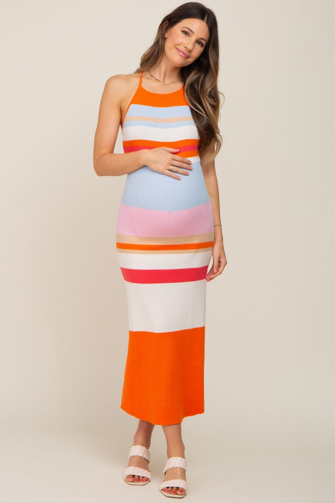 Orange Striped Soft Ribbed Cross Back Maternity Maxi Dress