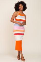 Orange Striped Soft Ribbed Cross Back Maternity Maxi Dress