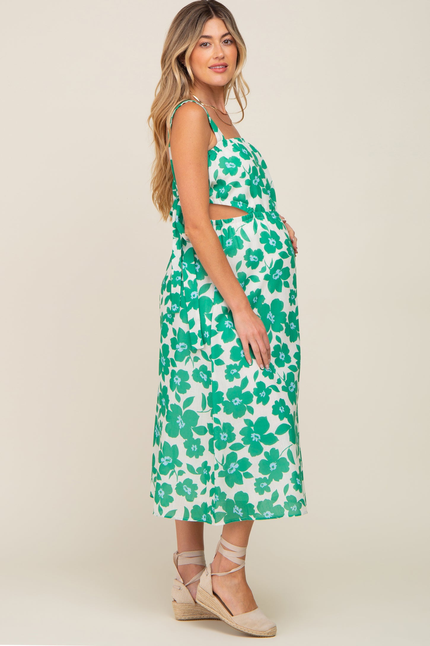 Green Floral Linen Square Neck Open Back Maternity Midi Dress