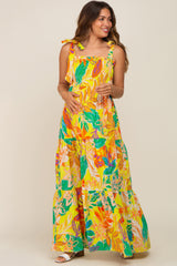 Yellow Tropical Print Smocked Tie Sleeve Maternity Maxi Dress