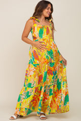 Yellow Tropical Print Smocked Tie Sleeve Maternity Maxi Dress