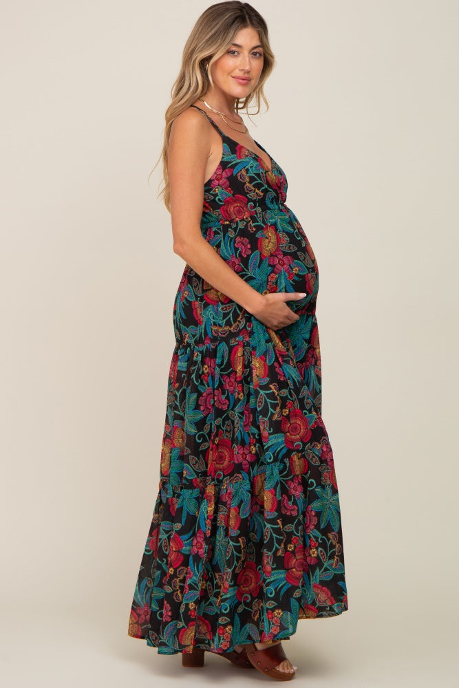 Black Floral Chiffon Criss Cross Back Tiered Maternity Maxi Dress