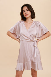 Lavender Satin Ruffle Wrap Dress