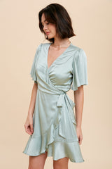 Sage Satin Ruffle Wrap Dress