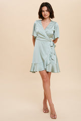 Sage Satin Ruffle Wrap Dress