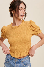 Mustard Puff Sleeve Smocked Crop Top With Back Tie