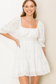 White Bow-Detail Eyelet Mini Dress