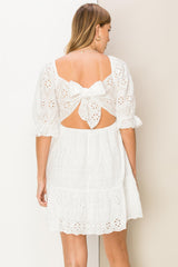 White Bow-Detail Eyelet Mini Dress