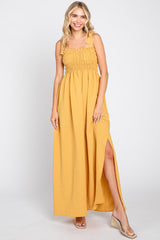 Yellow Textured Smocked Shoulder Tie Maternity Maxi Dress