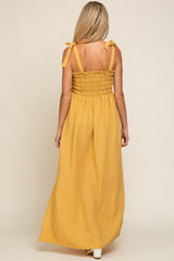 Yellow Textured Smocked Shoulder Tie Maternity Maxi Dress