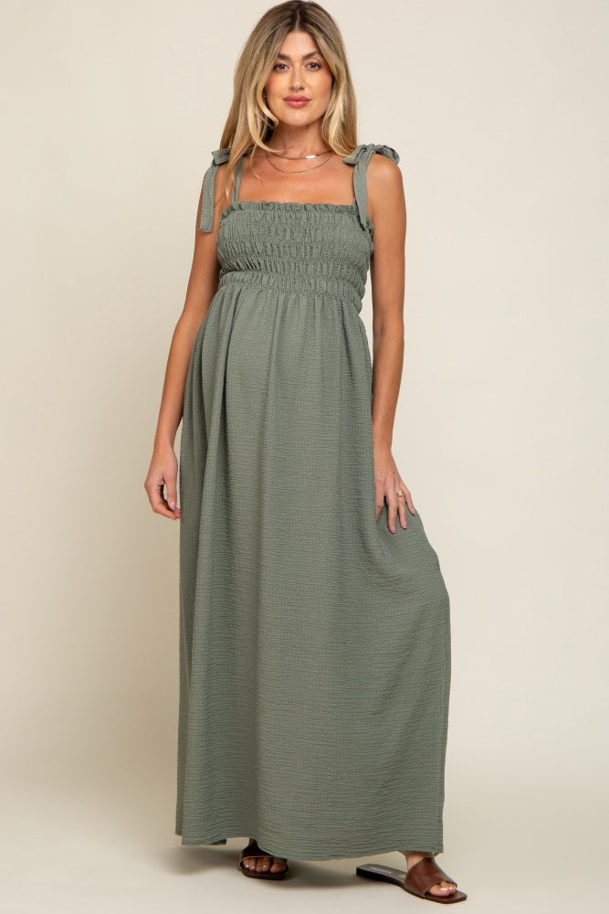 Olive Textured Smocked Shoulder Tie Maternity Maxi Dress