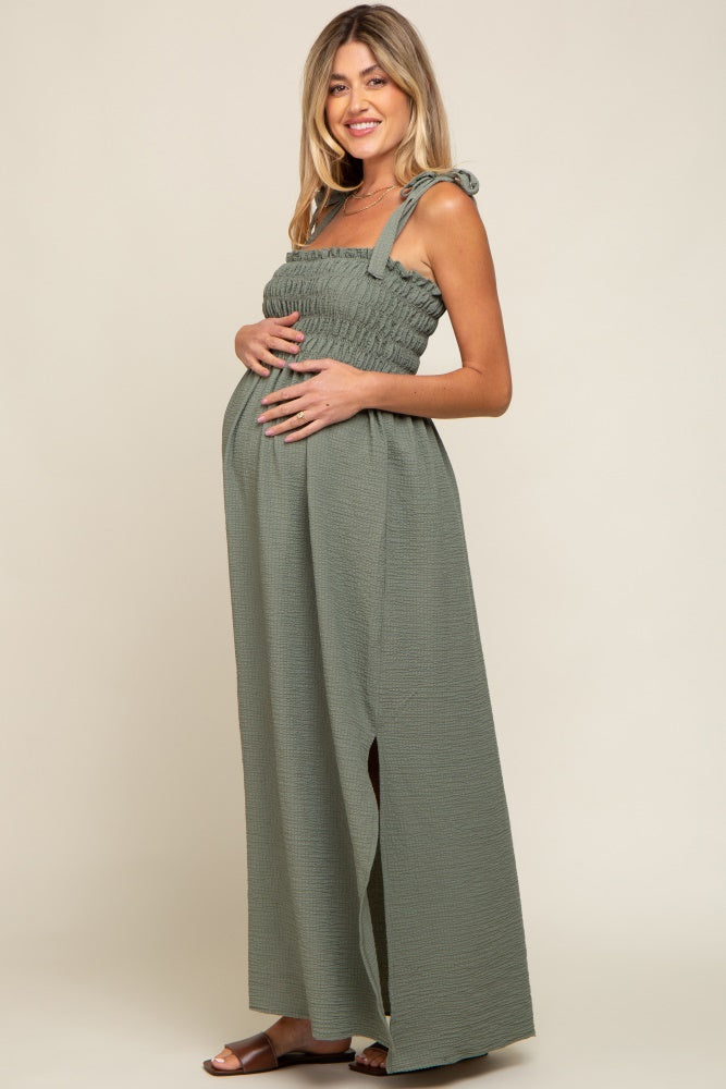 Olive Textured Smocked Shoulder Tie Maternity Maxi Dress