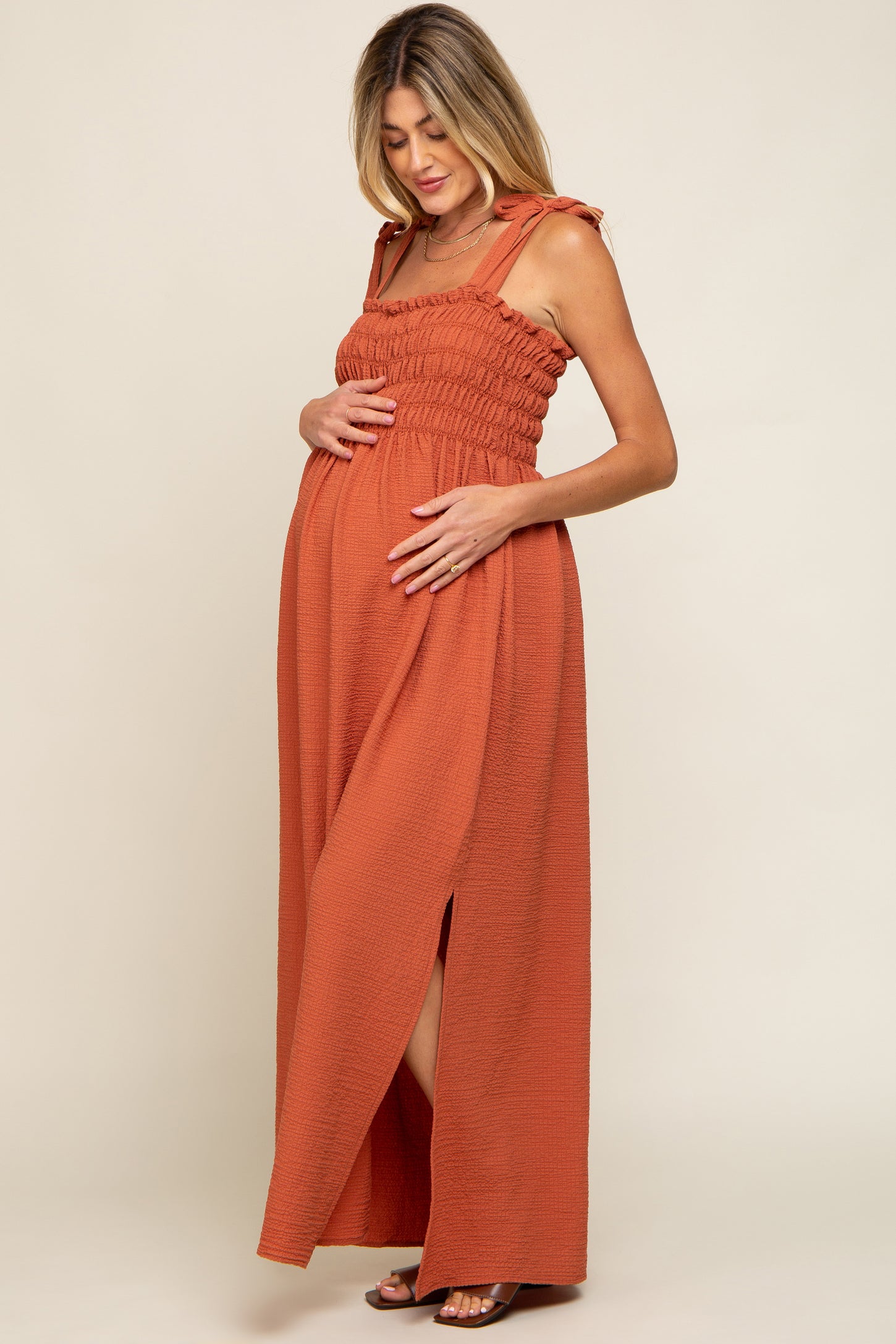 Rust Textured Smocked Shoulder Tie Maternity Maxi Dress