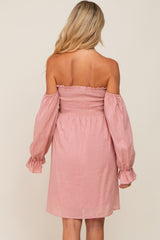 Pink Smocked Off Shoulder Long Sleeve Maternity Dress