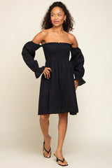 Black Smocked Off Shoulder Long Sleeve Dress