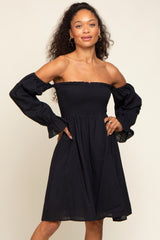 Black Smocked Off Shoulder Long Sleeve Dress