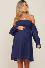 Navy Blue Smocked Off Shoulder Long Sleeve Maternity Dress