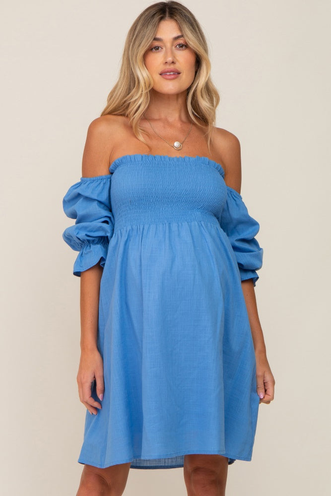 Blue Smocked Off Shoulder Long Sleeve Maternity Dress