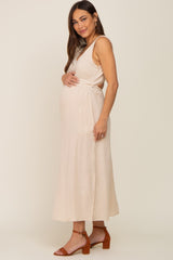 Beige Lightweight Sleeveless Open Back Maternity Maxi Dress