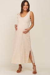 Beige Lightweight Sleeveless Open Back Maternity Maxi Dress
