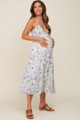 Blue Floral Tiered Maternity Midi Dress