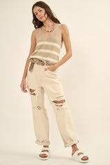 Sand Stripe V Neck Sleeveless Sweater Tank Top