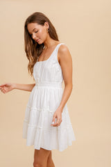 Ivory Botton Down Smocked Waist Ruffle Mini Dress