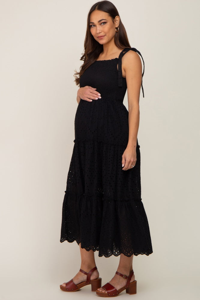 Black Shoulder Tie Eyelet Maternity Maxi Dress