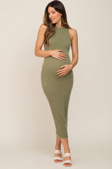 Olive Ribbed Back Cutout Fitted Maternity Midi Dress