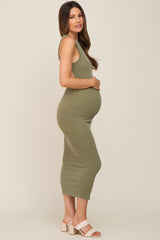 Olive Ribbed Back Cutout Fitted Maternity Midi Dress