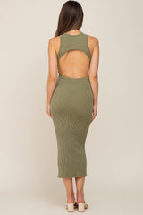 Olive Ribbed Back Cutout Fitted Maternity Midi Dress