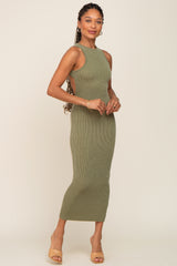 Olive Ribbed Back Cutout Fitted Maternity Midi Dress