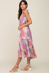 Pink Floral Paisley Ruffle Side Cutout Midi Dress