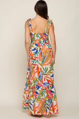 Orange Multi-Color Palm Print Shoulder Tie Maternity Maxi Dress