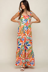 Orange Multi-Color Palm Print Shoulder Tie Maternity Maxi Dress