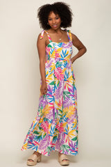 Pink Multi-Color Palm Print Shoulder Tie Maxi Dress