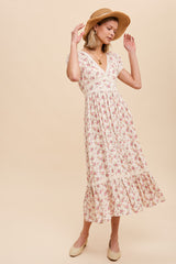 Cream Floral Print V Neck Maxi Dress