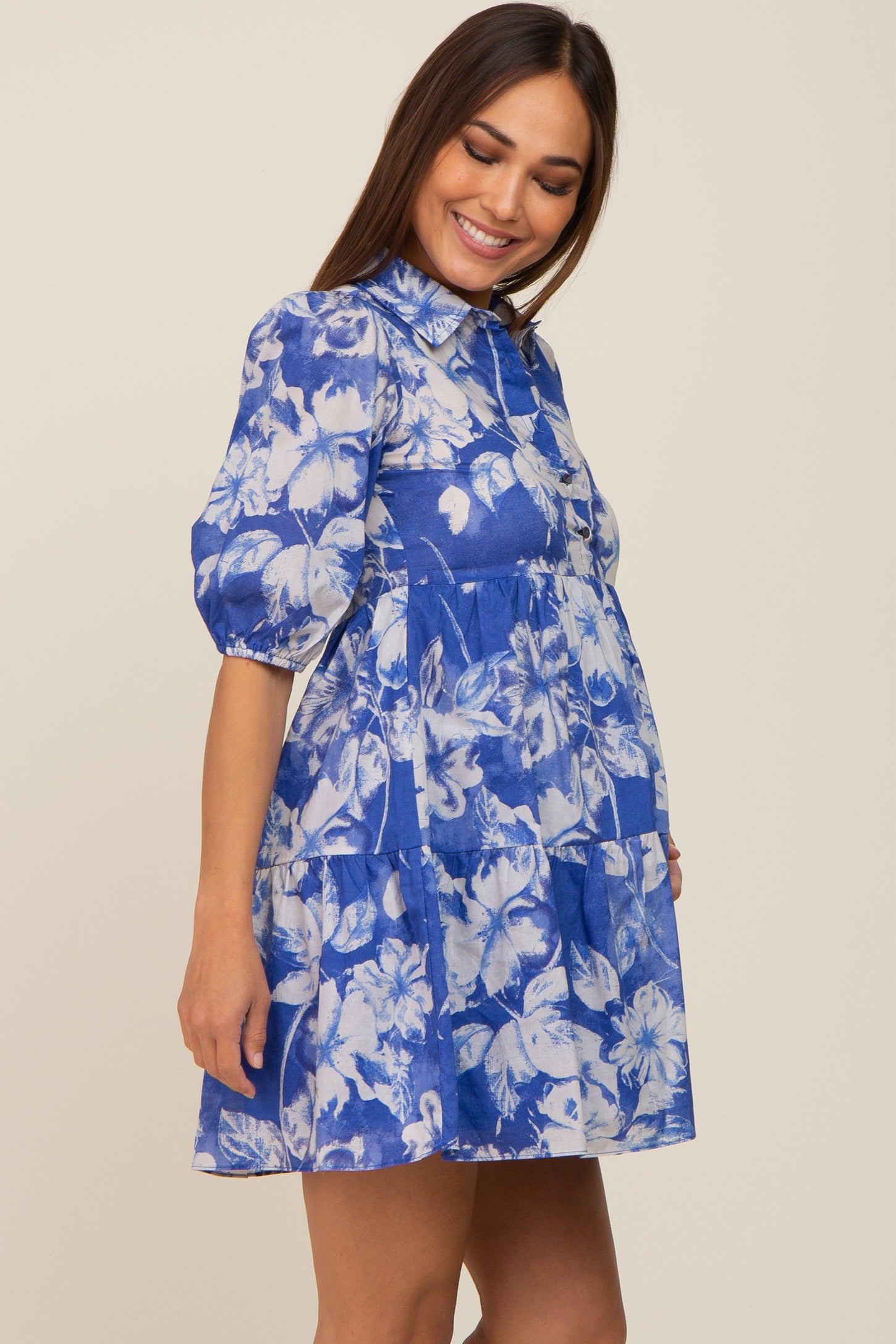 Royal Blue Floral Collared Puff Sleeve Maternity Dress