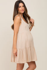 Beige Sleeveless Tiered Maternity Dress