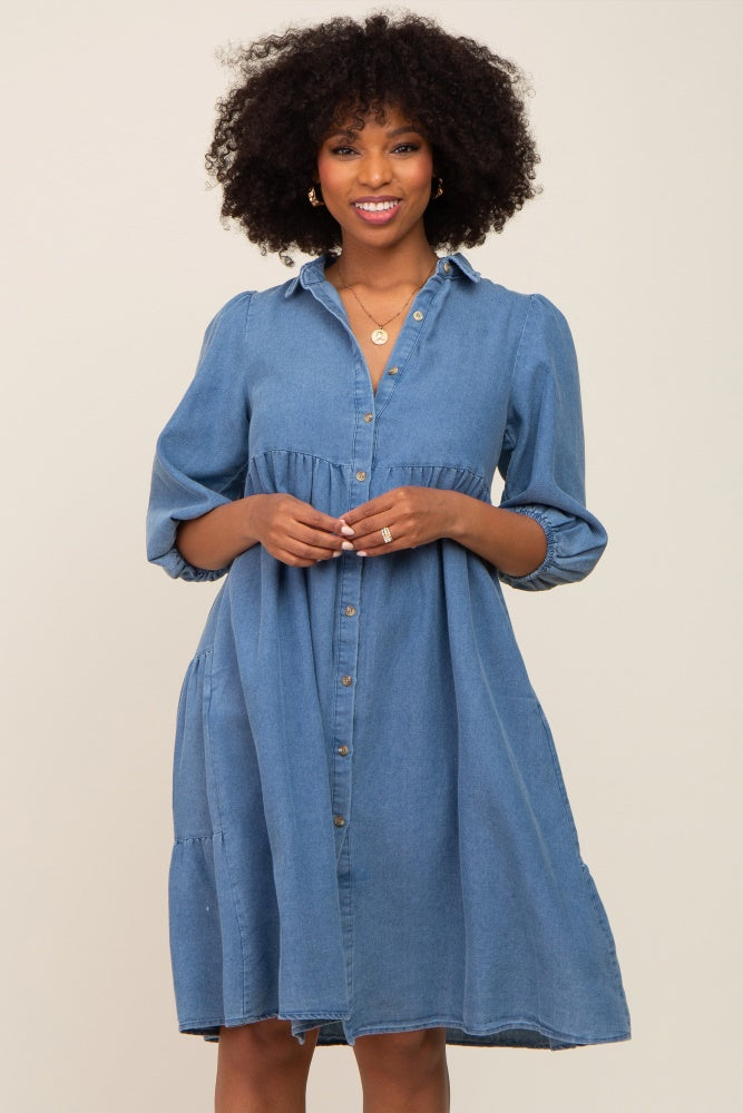 Blue Chambray Button Front Maternity Dress
