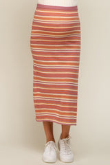 Mauve Striped Knit Side Slit Maternity Midi Skirt