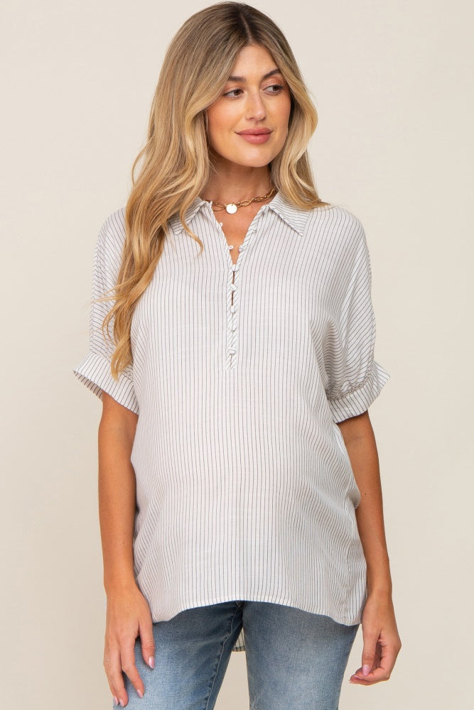 White Striped Button Up Dolman Short Sleeve Maternity Top
