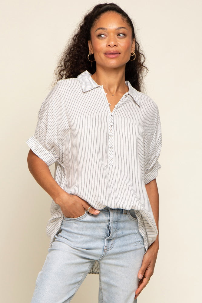 White Striped Button Up Dolman Short Sleeve Maternity Top