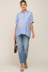 Light Blue Striped Button Up Dolman Short Sleeve Maternity Top