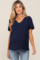 Navy Blue Puff Sleeve V-Neck Maternity Top