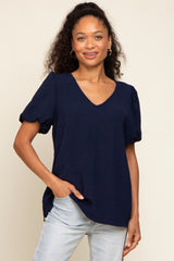 Navy Blue Puff Sleeve V-Neck Top