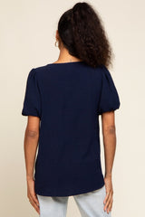 Navy Blue Puff Sleeve V-Neck Top