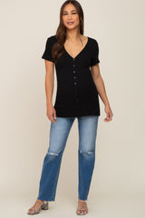 Black Waffle Knit Front Button Accent Maternity Top